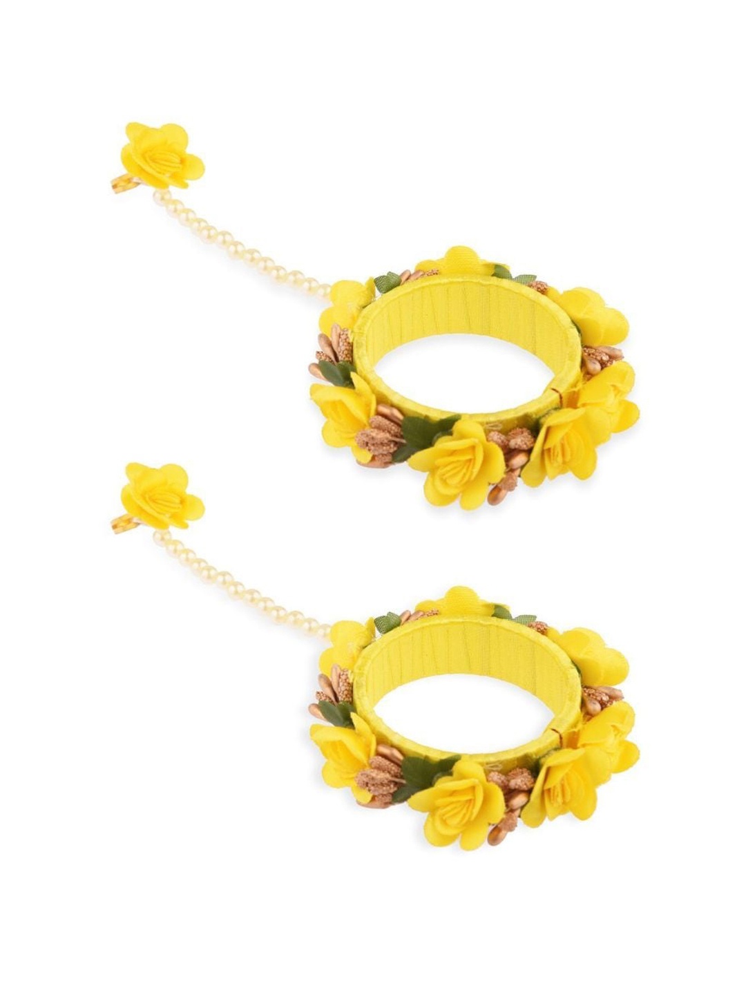 

Efulgenz Set Of 2 Yellow Flower Bangle with Faux Pearl Finger Ring