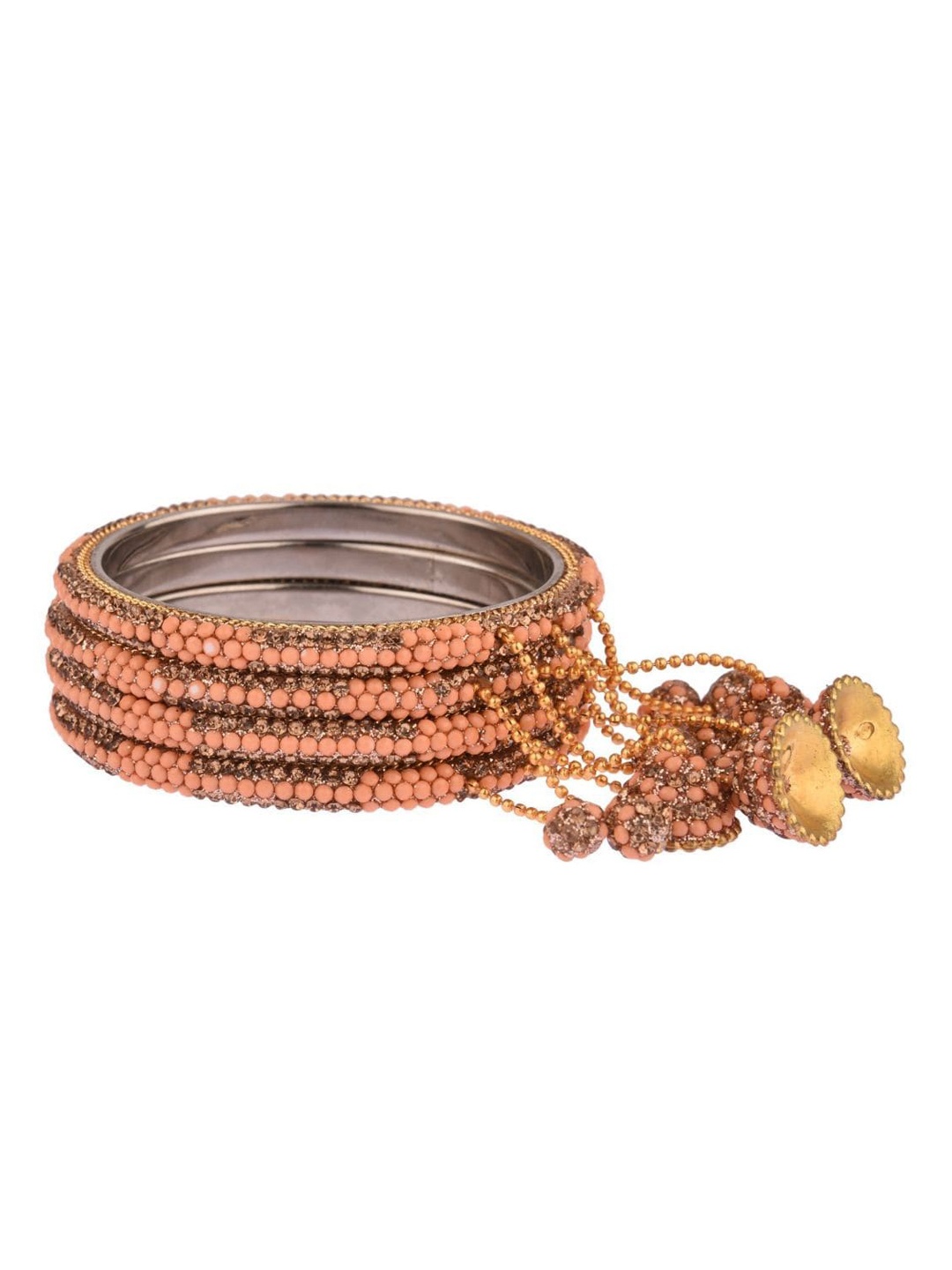 

Efulgenz Set Of 4 Gold-Plated Peach-Colored Stone Studded & Beaded Bangles