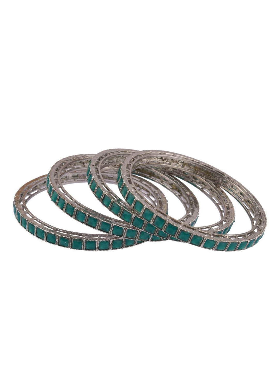 

Efulgenz Set Of 4 Rhodium-Plated Green Kundan Bangles, Silver
