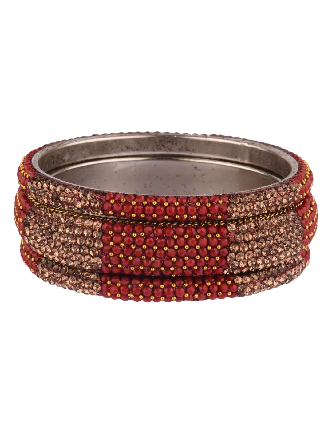 

Efulgenz Set Of 6 Rhodium-Plated Silver-Toned & Maroon Crystal Studded Bangles
