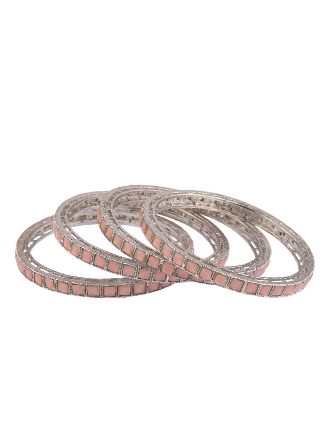 

Efulgenz Set Of 4 Rhodium-Plated Silver-Toned & Peach Coloured Crystal Studded Bangles