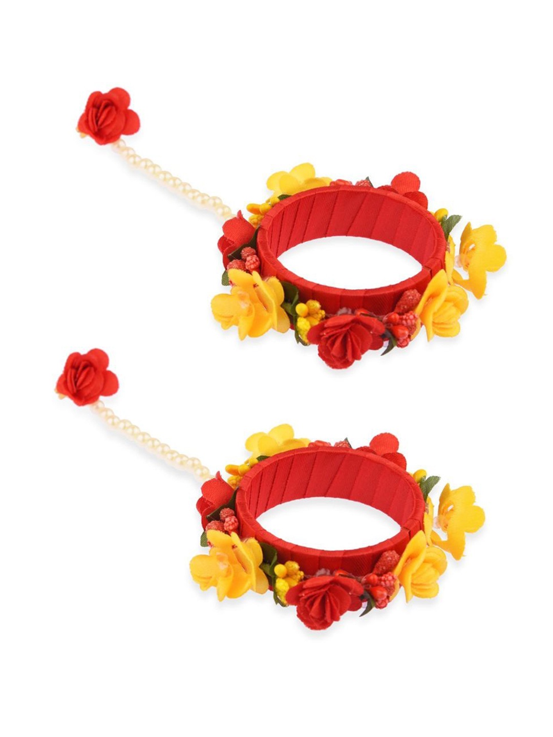 

Efulgenz Set Of 2 Red Flower Detail Bangles with Faux Pearl Finger Ring