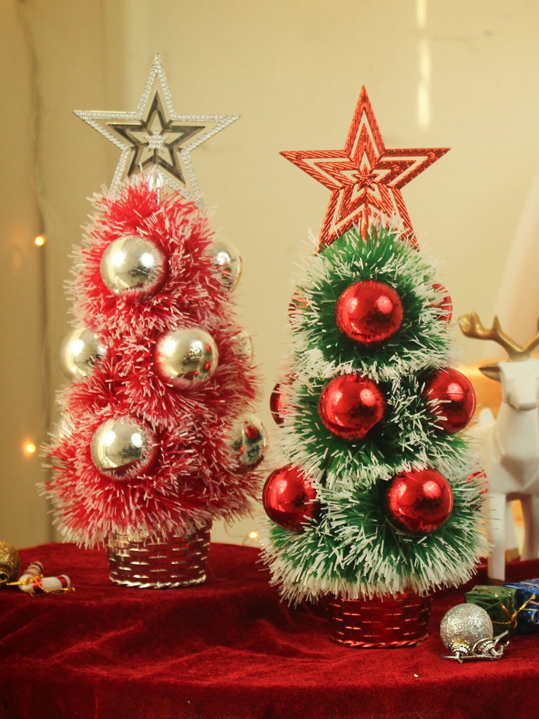 

TIED RIBBONS Set Of 2 Red & Green Table Tree With Ornament