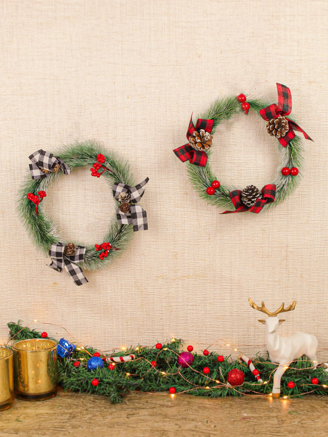 

TIED RIBBONS Set Of 2 Christmas Tree Wreath Hanging Festive Decor, Green