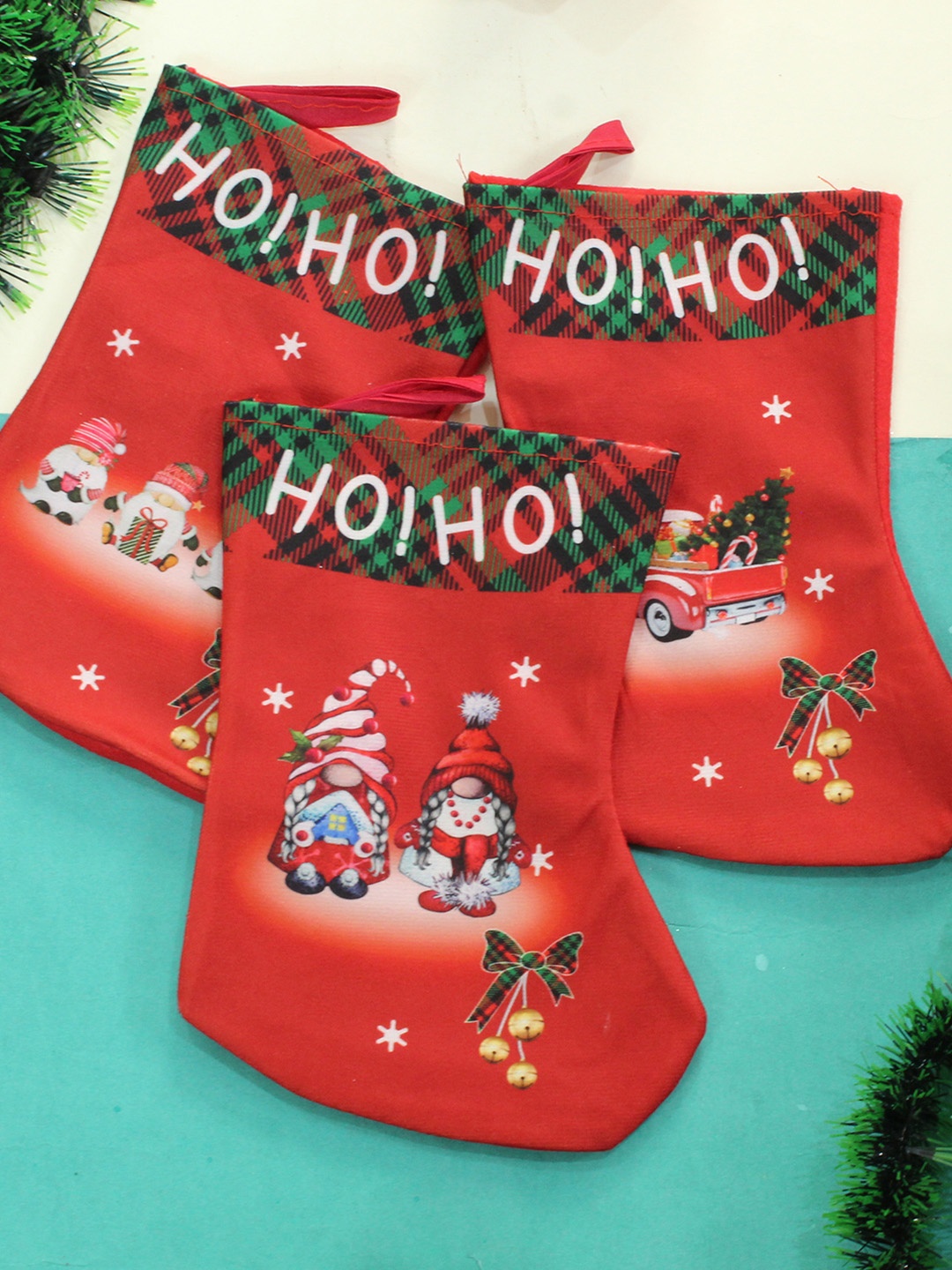 

TIED RIBBONS Set Of 3 Patterned Fabric Stockings Christmas Tree Ornament, Red