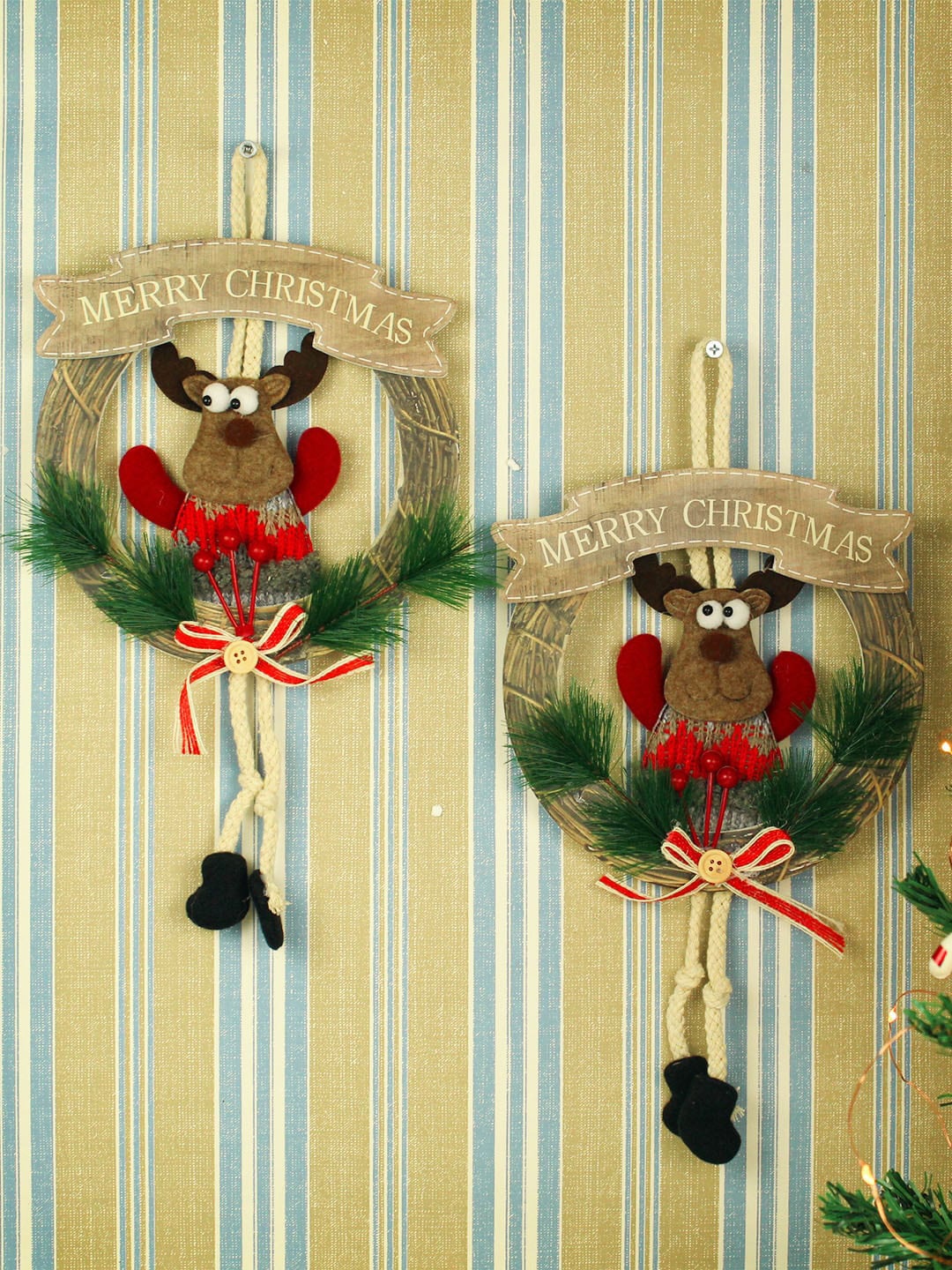 

TIED RIBBONS Set Of 2 Red & Green Christmas Reindeer Wall Door Wreath Hanging Ornaments