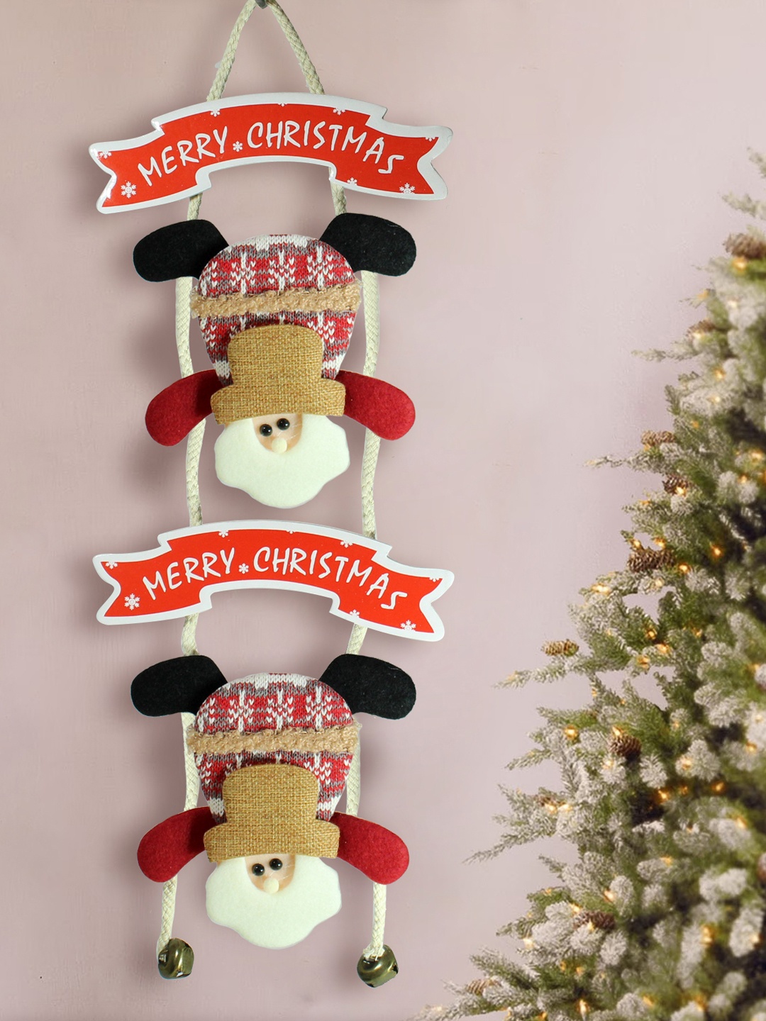 TIED RIBBONS Red & White Santa With Bells Christmas Decor Wall Door Hanging