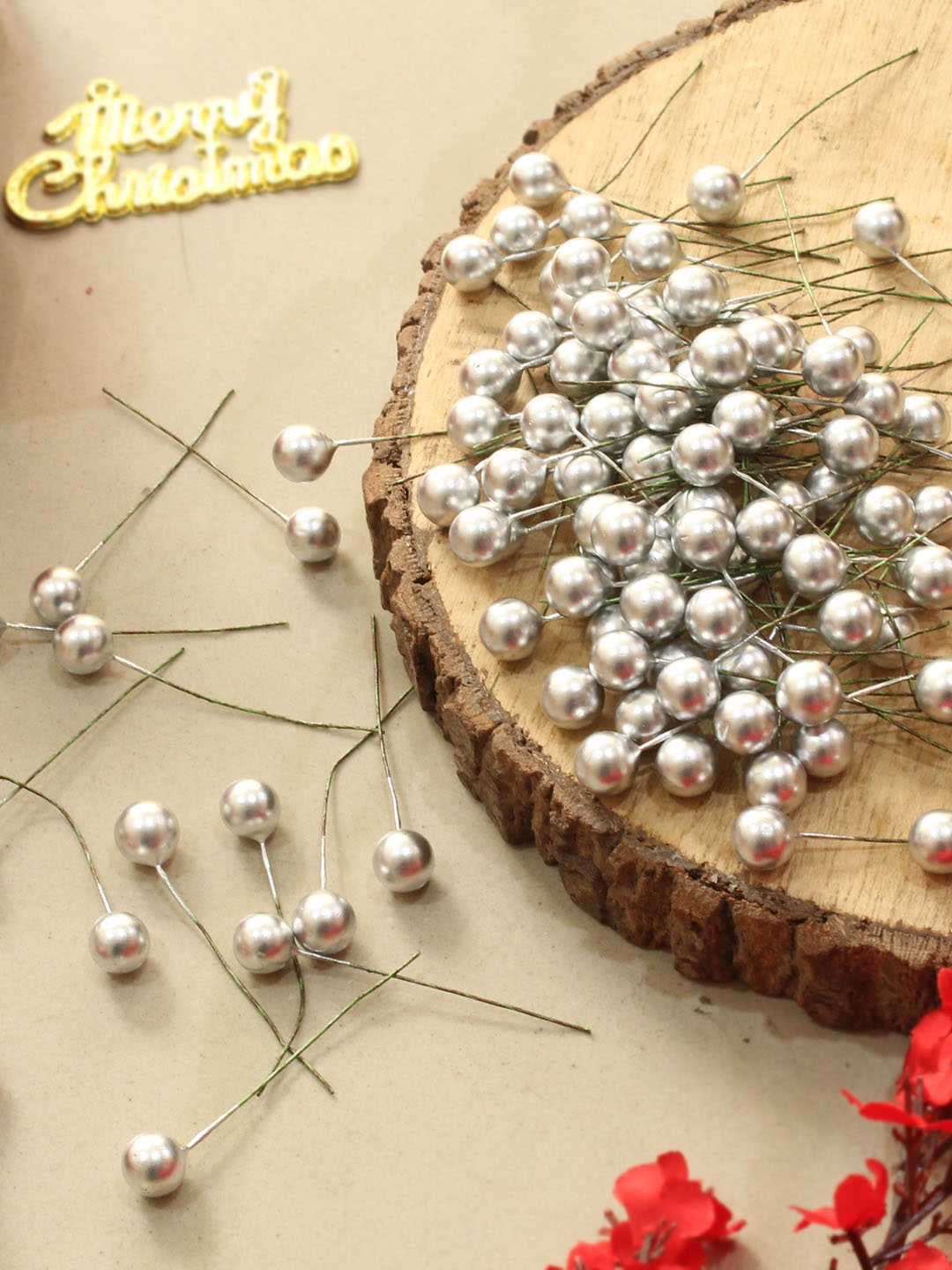 

TIED RIBBONS Set Of 50 Artificial Berries Stems Christmas Decor, Silver