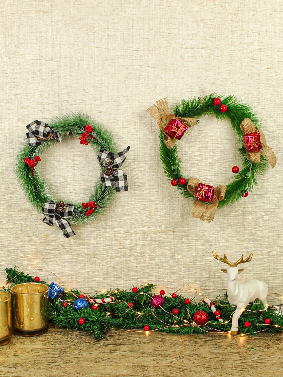 

TIED RIBBONS Set Of 2 Green Christmas Decoration Wreath Wall Decor Door Hanging
