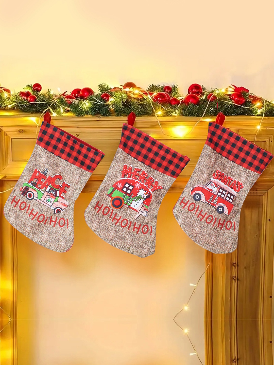 

TIED RIBBONS Set Of 3 Cream-Colored & Red Patterned Fabric Stockings Christmas Tree Ornament