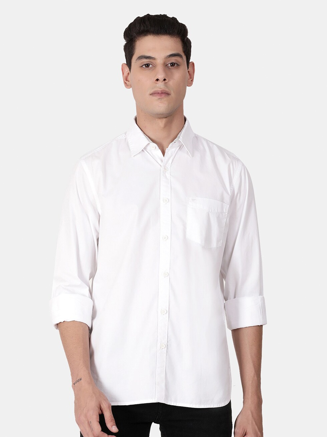 

t-base Men White Linen Casual Shirt