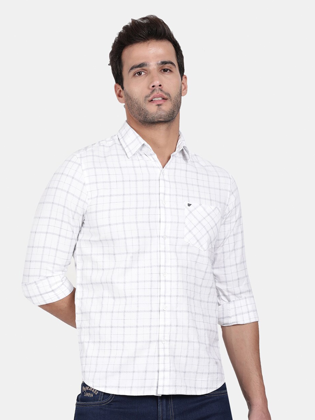 

t-base Grid Tattersall Checks Checked Cotton Casual Shirt, White