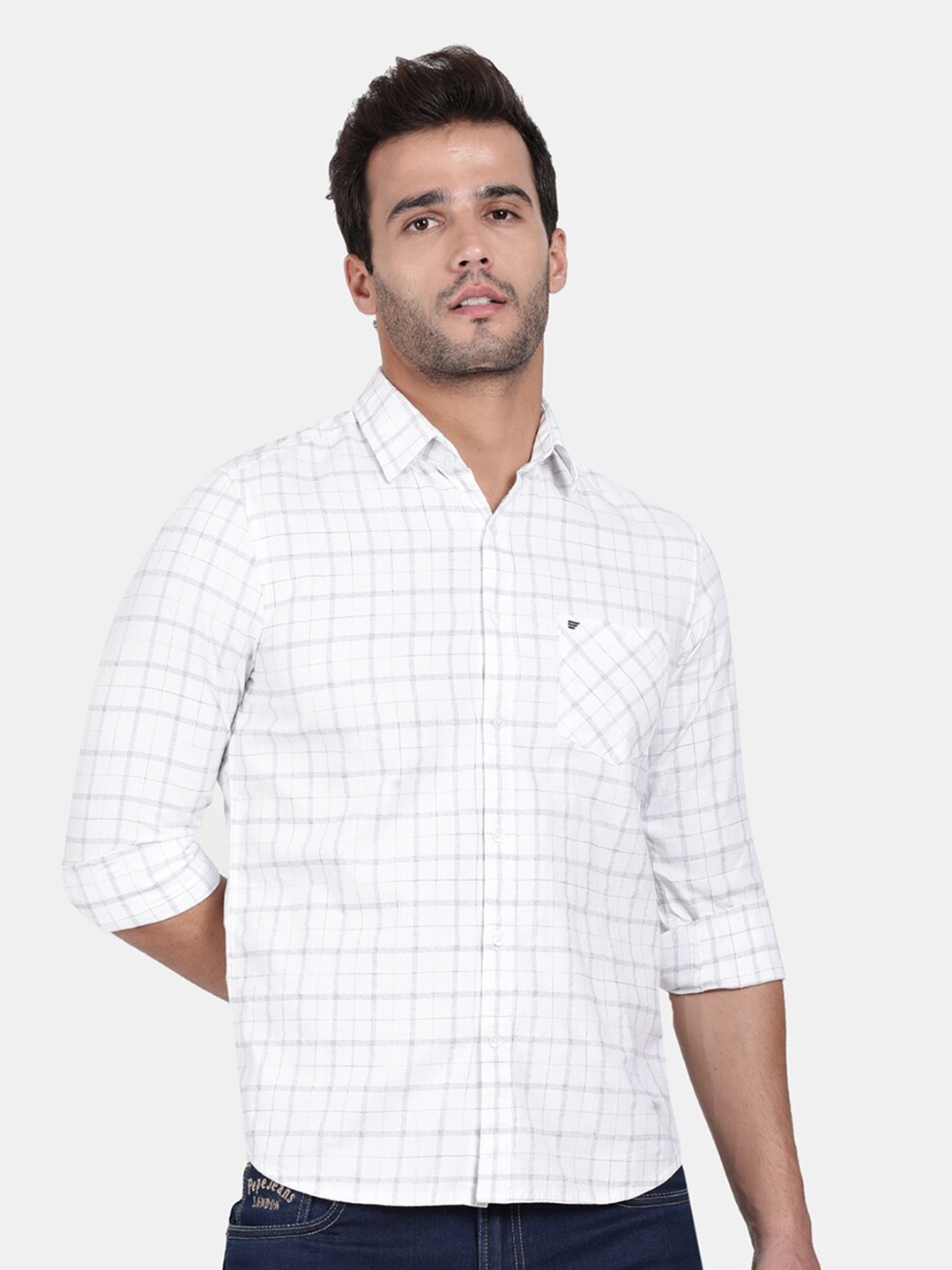 

t-base Men White Grid Tattersall Checks Checked Cotton Casual Shirt