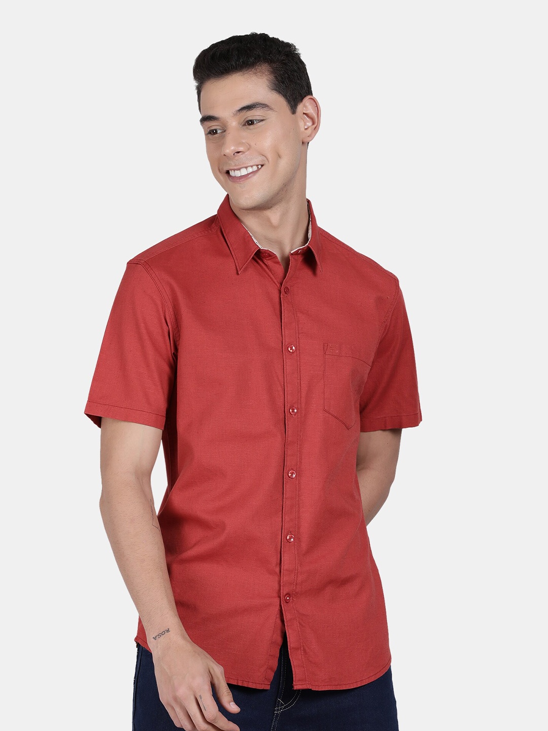 

t-base Men Rust Cotton Casual Shirt