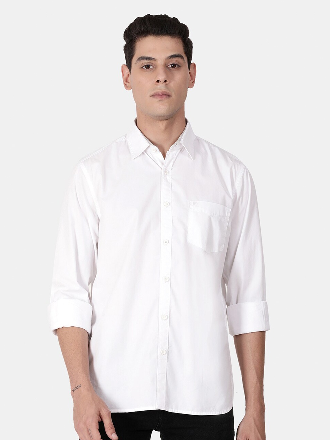 

t-base Men White Cotton Casual Shirt