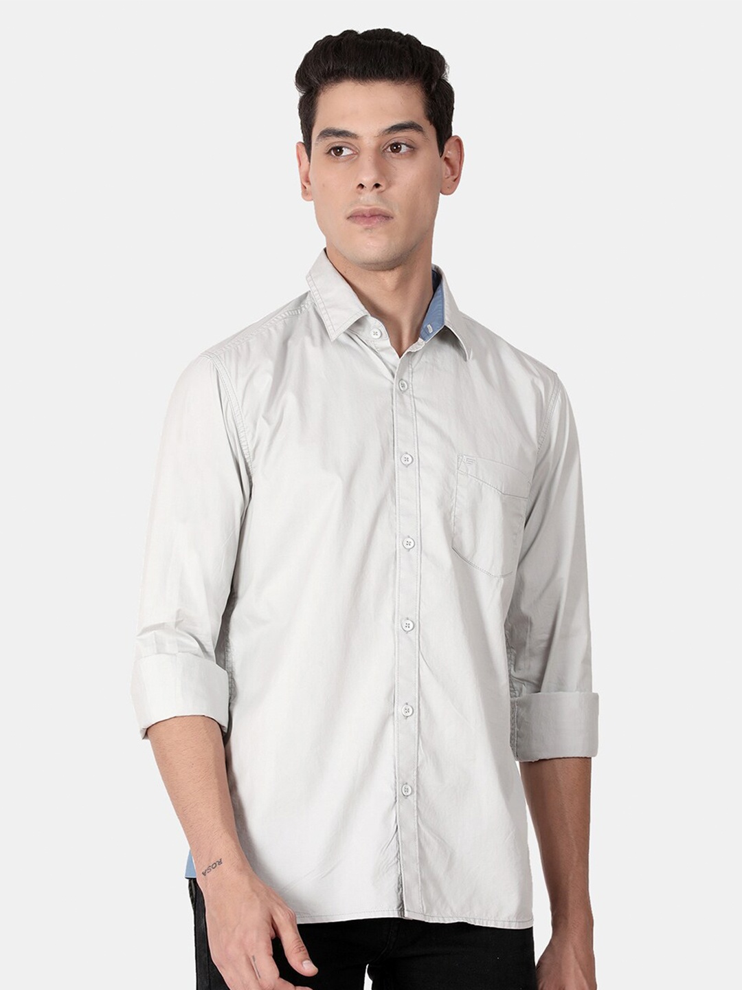 

t-base Men Grey Cotton Casual Shirt