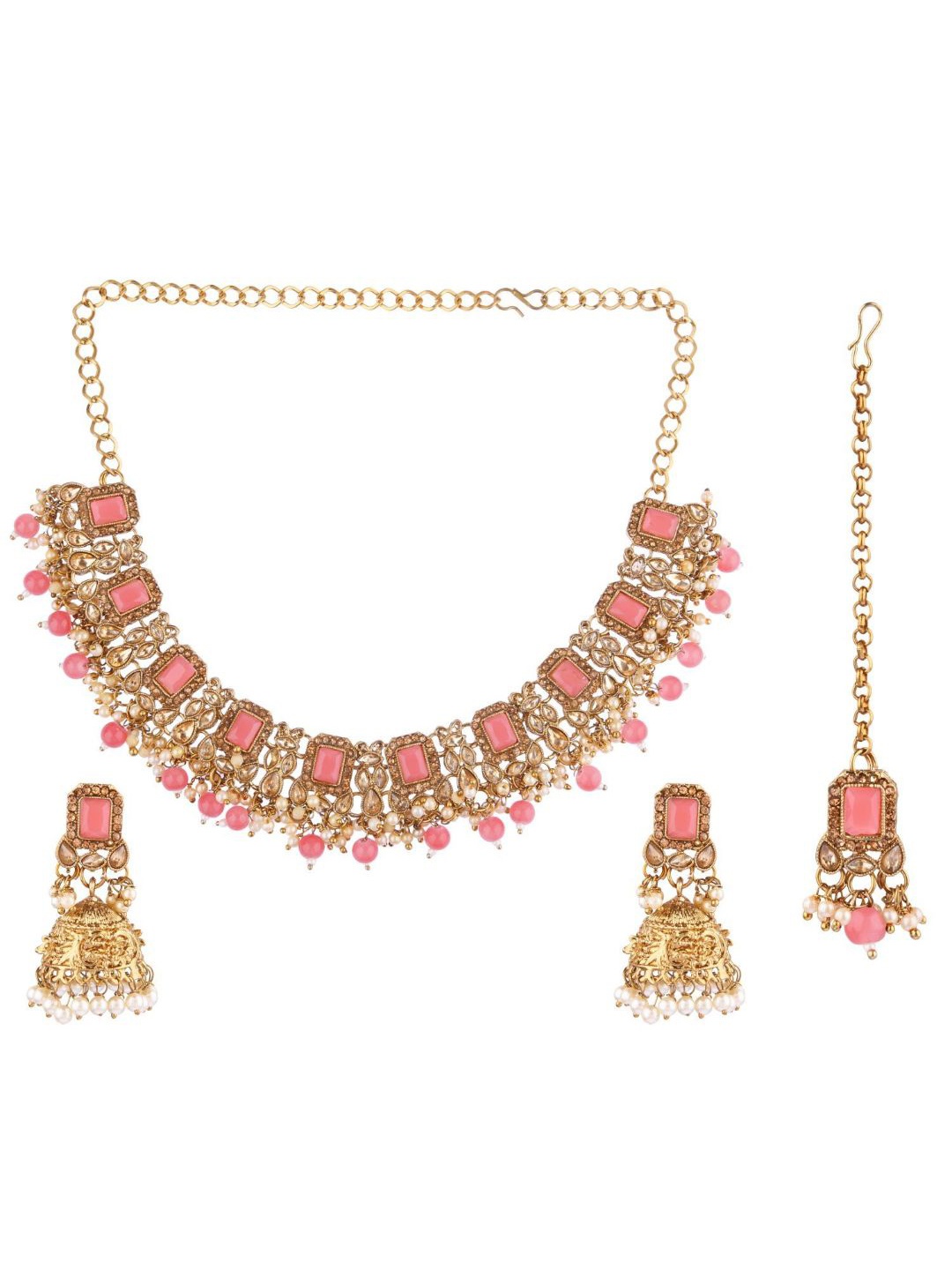 

Efulgenz Gold-Plated White & Pink Crystal-Studded & Pearl Beaded Jewellery Set