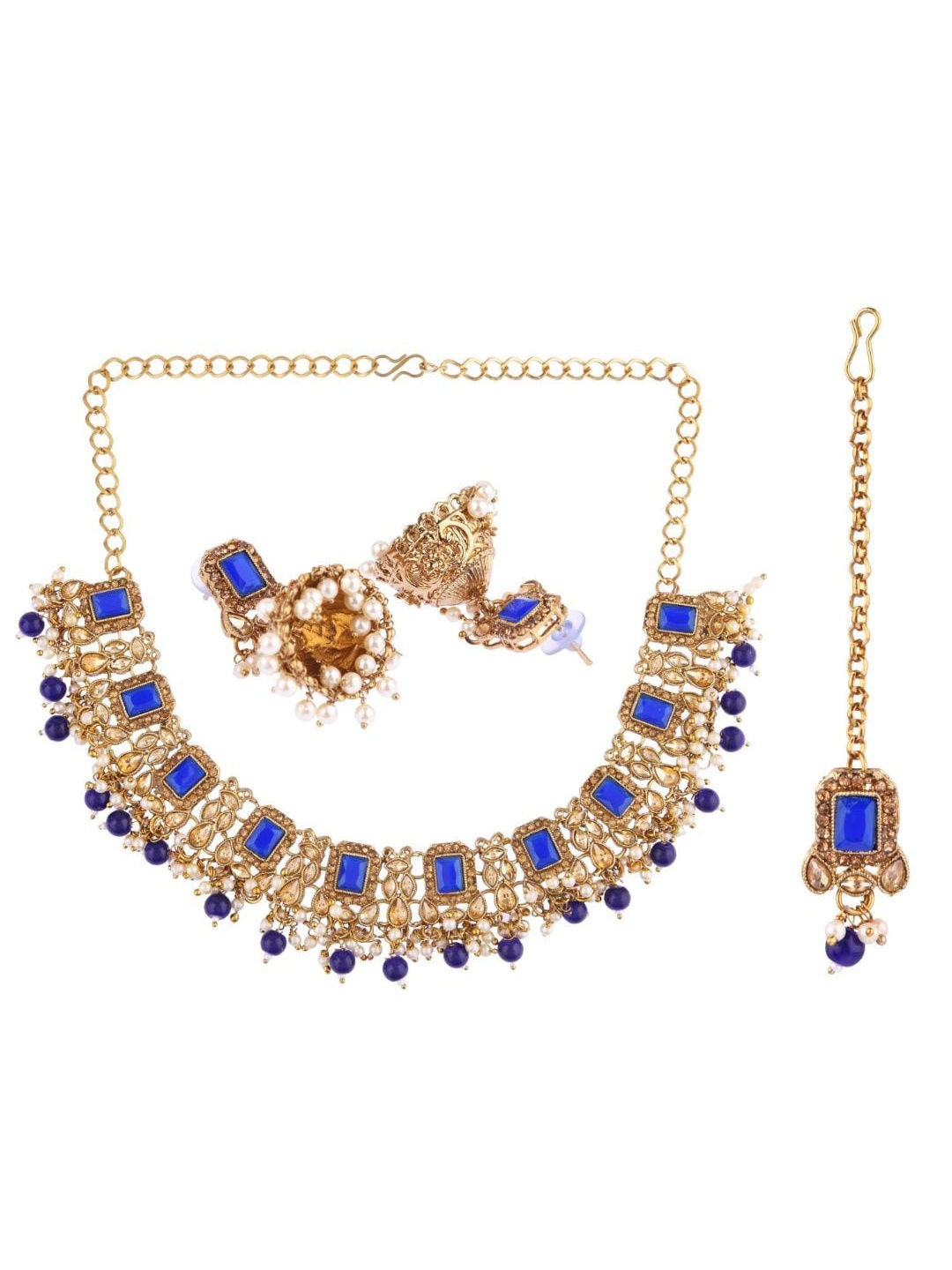 

Efulgenz Gold-Plated White & Blue Crystal-Studded & Pearl Beaded Jewellery Set