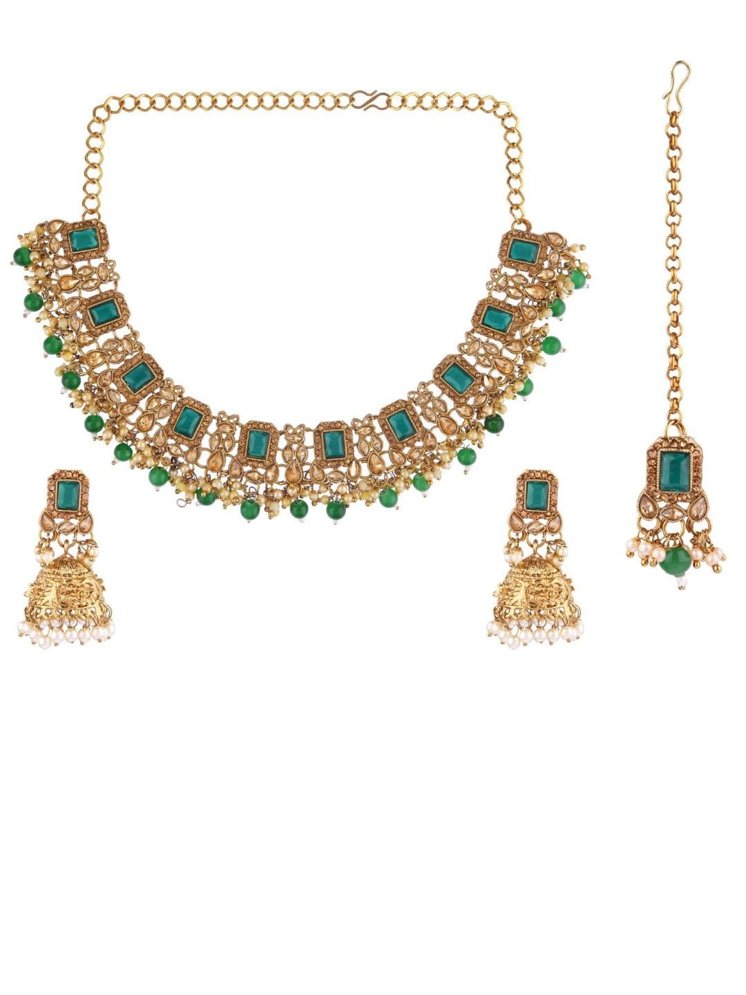 

Efulgenz Gold-Plated White & Green Crystal-Studded & Pearl Beaded Jewellery Set