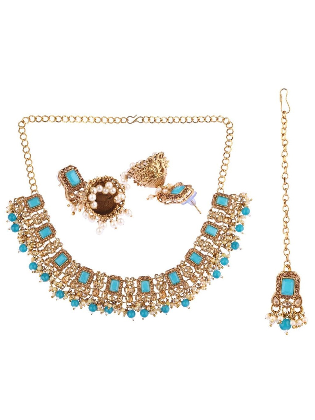 

Efulgenz Gold-Plated White & Blue Crystal-Studded & Pearl Beaded Jewellery Set