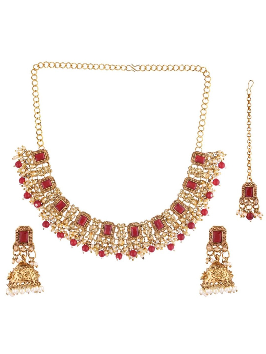 

Efulgenz Gold-Plated White & Maroon Crystal-Studded & Pearl Beaded Jewellery Set