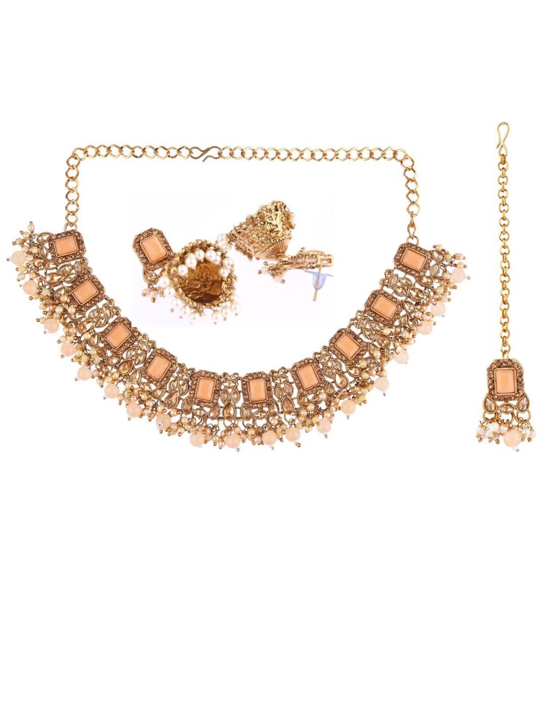 

Efulgenz Gold-Plated Peach Coloured & White Crystal Studded & Beaded Jewellery Set