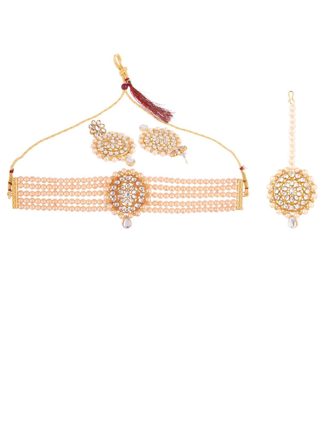 

Efulgenz Gold-Plated & Peach-Coloured Crystals & Kundan Studded Jewellery Set
