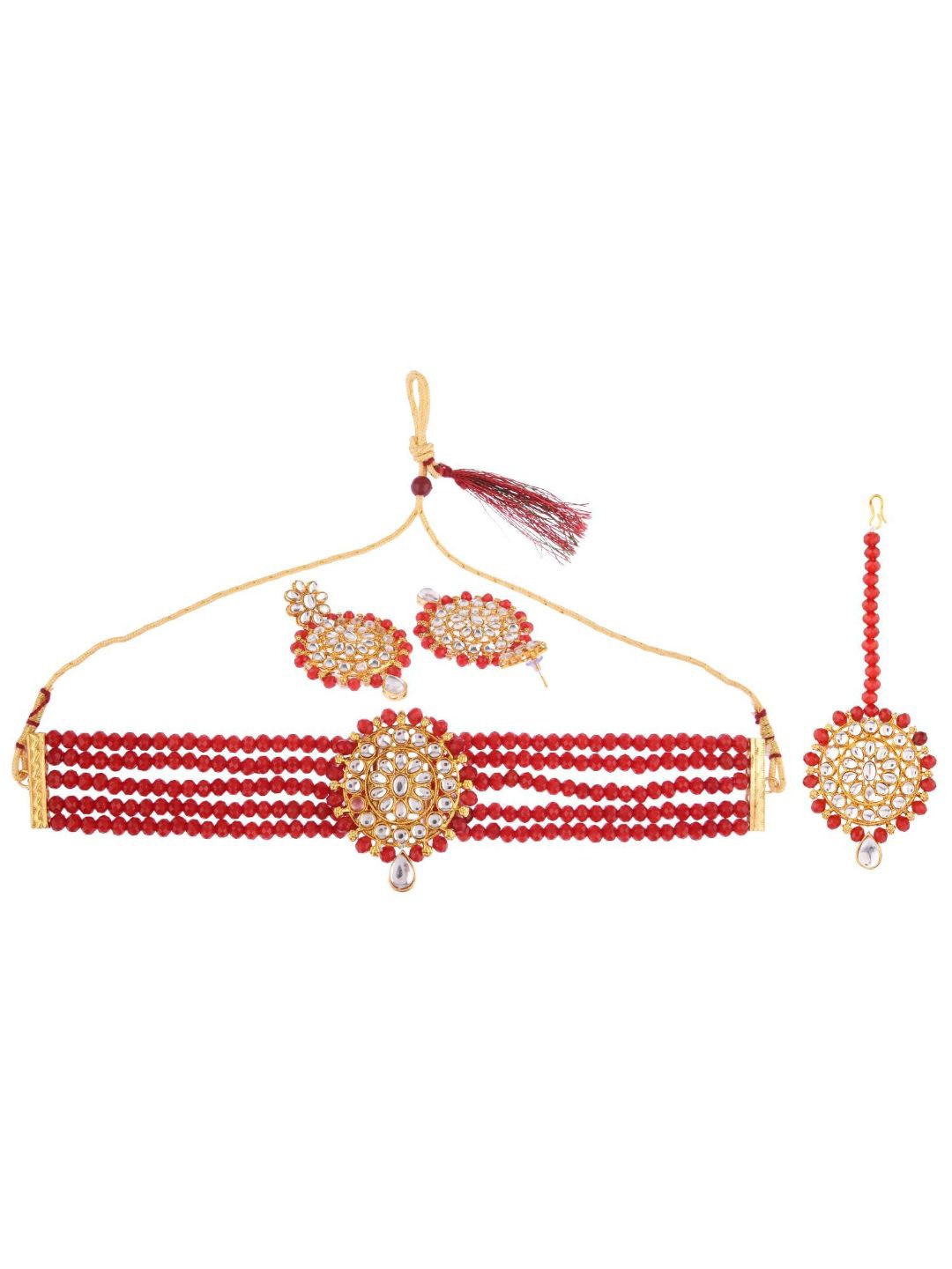 

Efulgenz Gold-Plated Maroon Crystal Studded & Beaded Jewellery Set