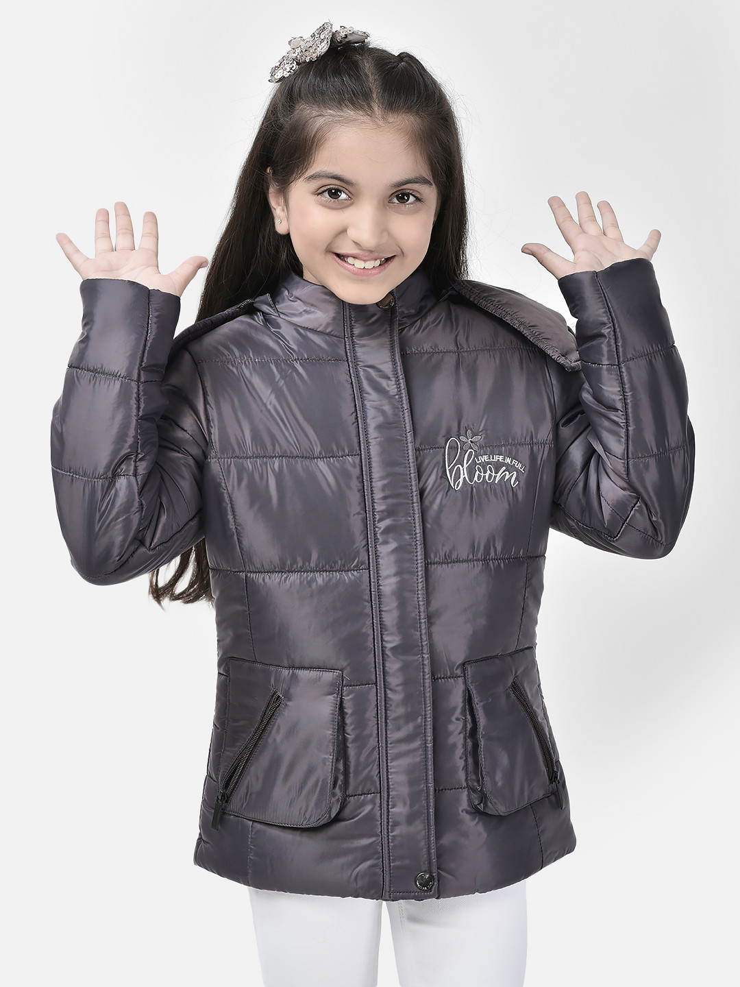 

Crimsoune Club Girls Black Floral Embroidered Lightweight Padded Jacket