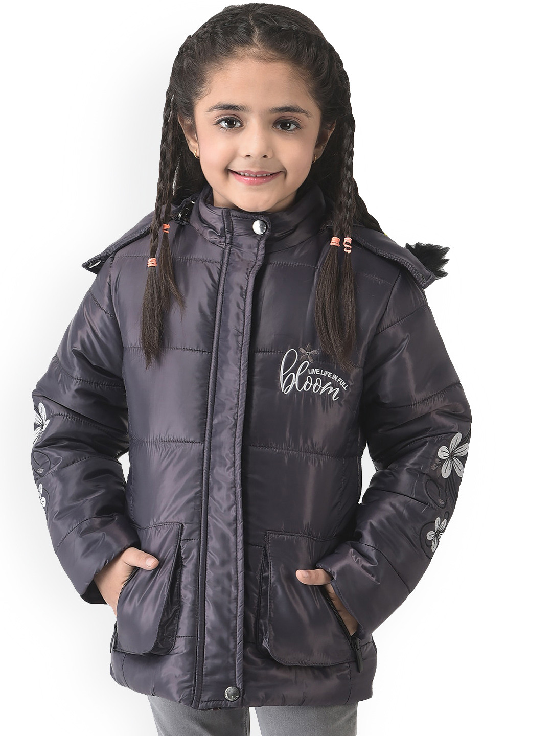 

Crimsoune Club Girls Black Floral Embroidered Lightweight Padded Jacket