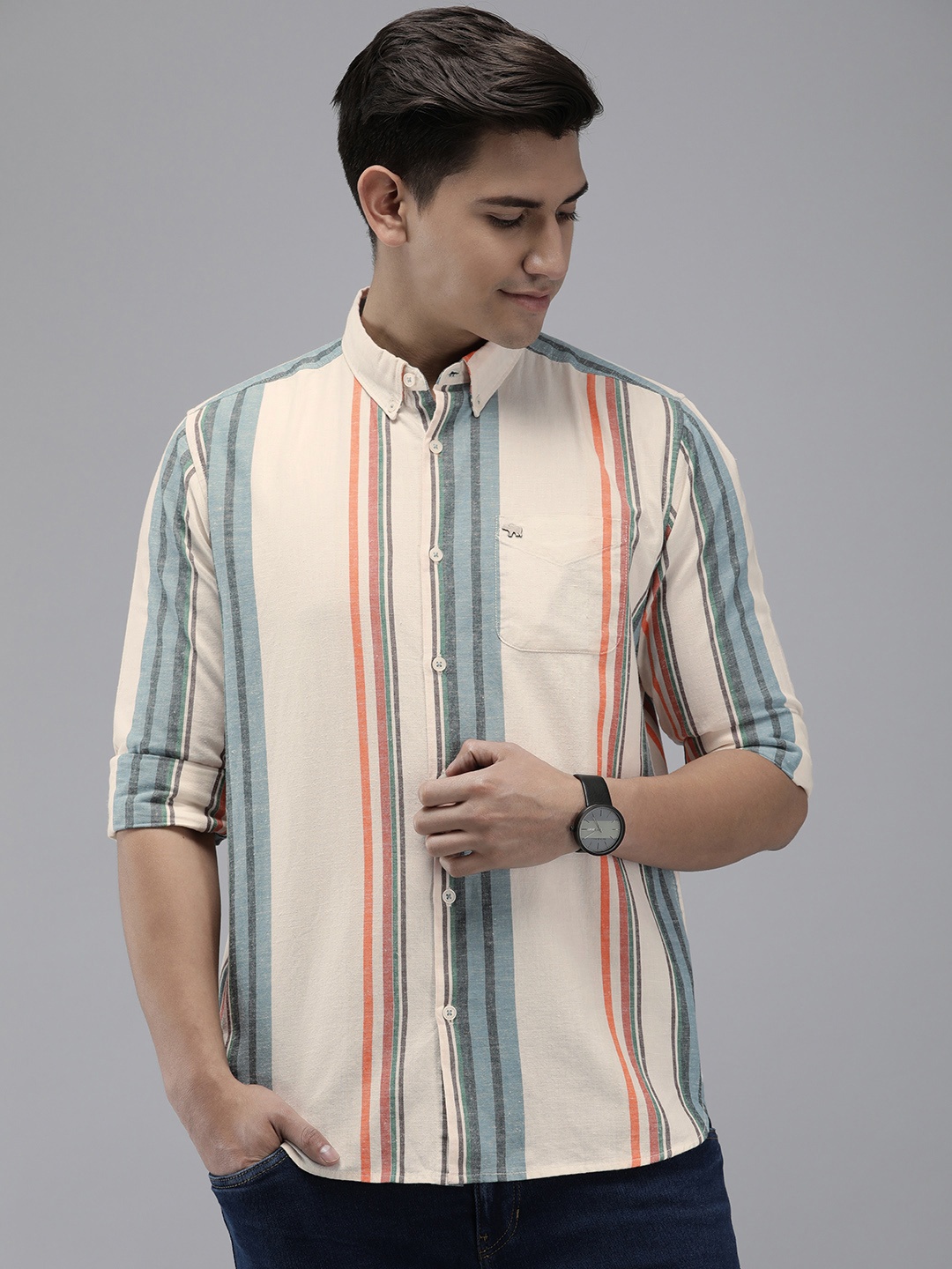 

THE BEAR HOUSE Men Cream-Coloured Pure Cotton Slim Fit Striped Casual Shirt