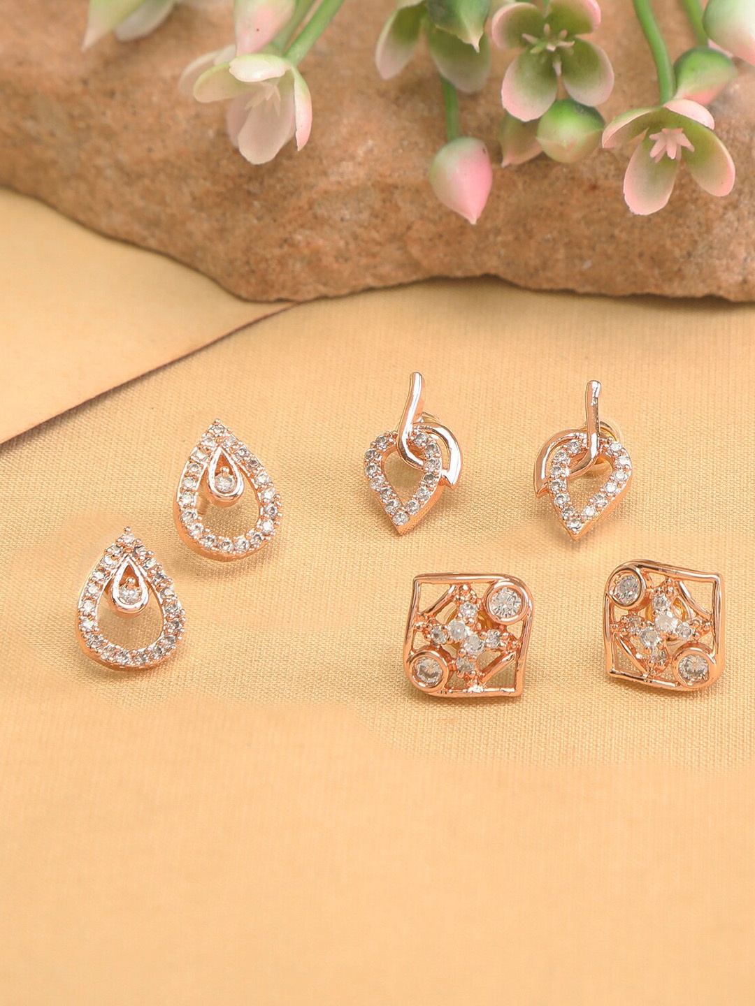 

ZINU Set of 3 Rose Gold & White Contemporary Studs Earrings