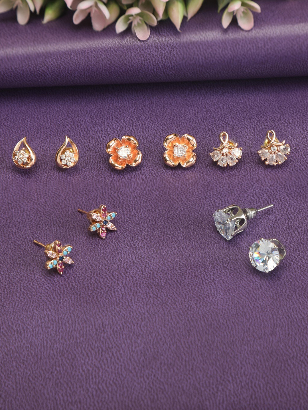 

ZINU Rose Set Of 5 Gold & White Contemporary Studs Earrings, Rose gold