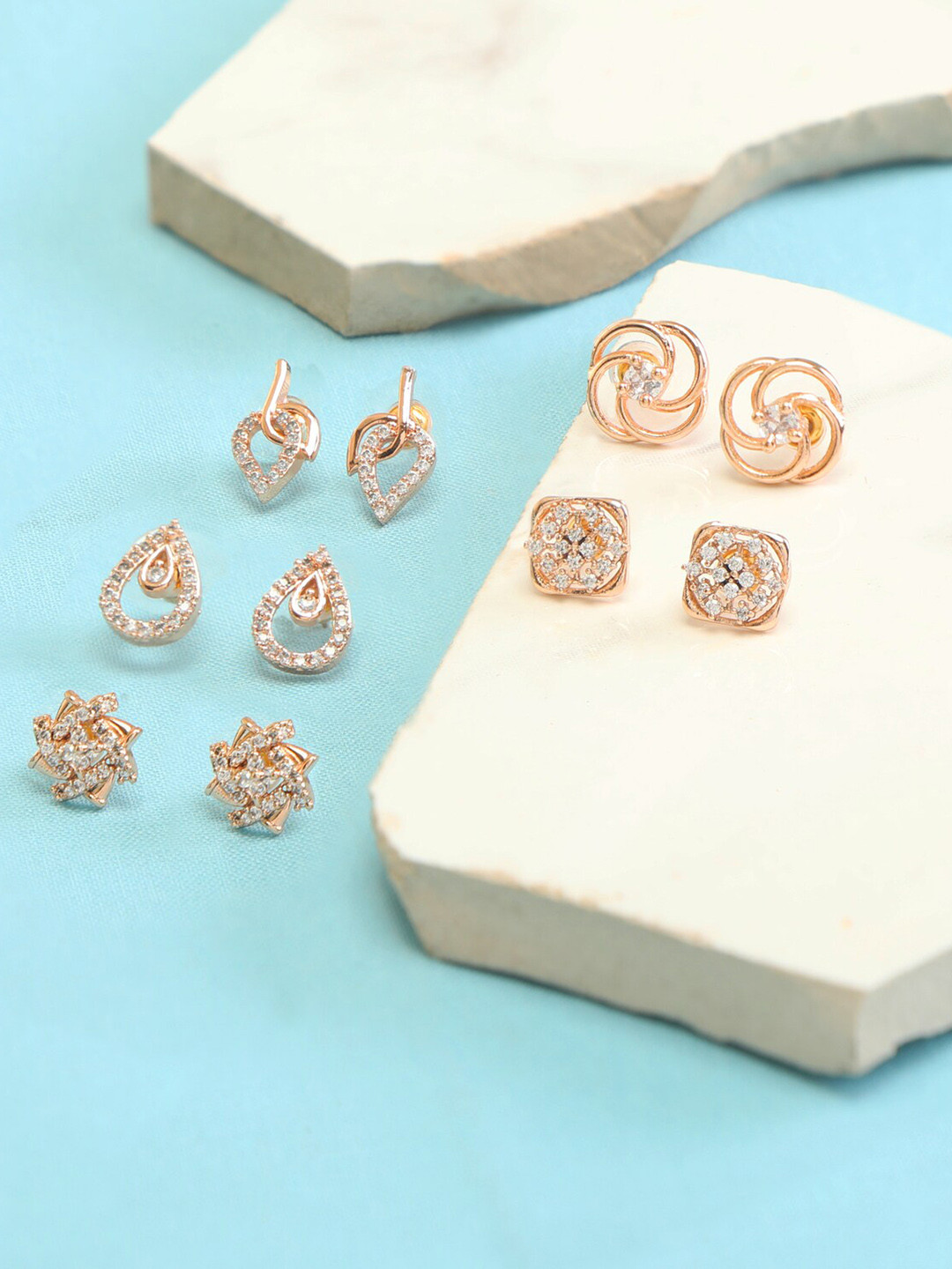 

ZINU Rose Set Of 5 Gold & White Contemporary Studs Earrings, Rose gold