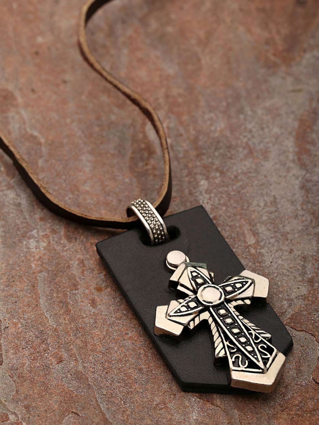 

Dare by Voylla Men Silver-Plated Cross Designer Pendant With Brown Leather Chain
