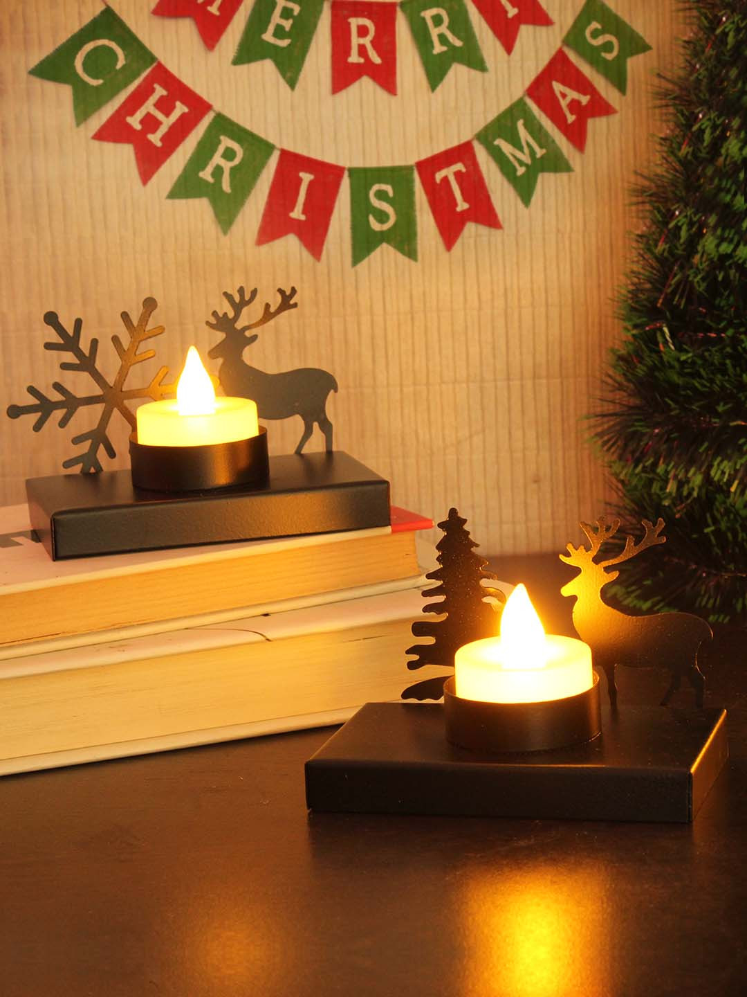 

TIED RIBBONS Set Of 2 Black Christmas Dcor Reindeer Tealight Candle Holders