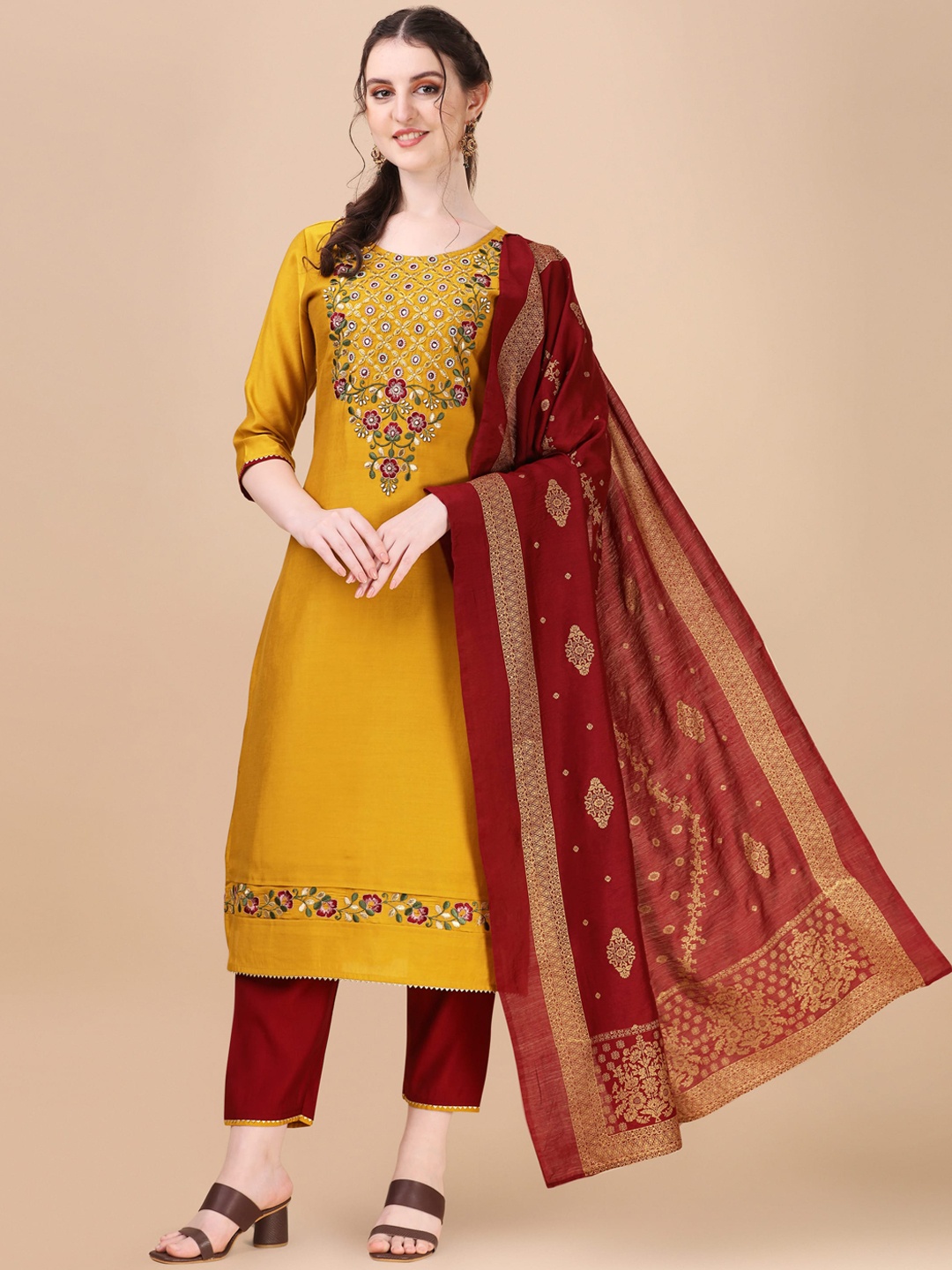 

Berrylicious Women Mustard Yellow Floral Embroidered Thread Work Chanderi Cotton Kurta with Trousers & With