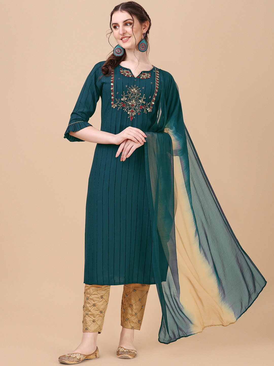 

Berrylicious Teal Green Floral Embroidered Thread Work Kurta with Trousers & Dupatta