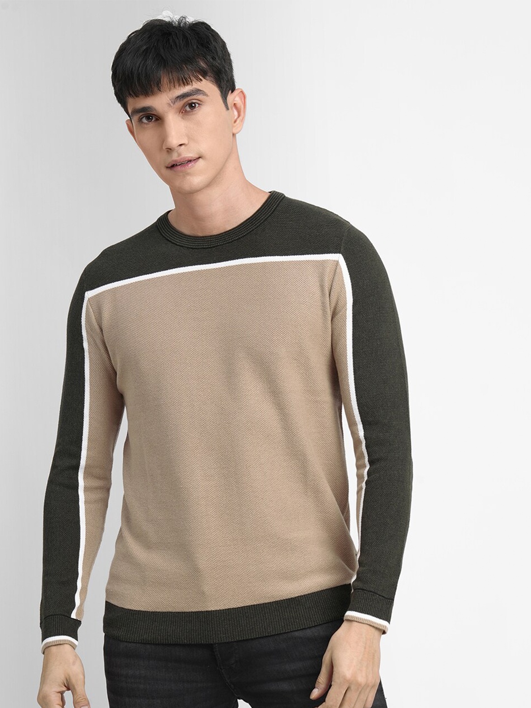 

Jack & Jones Men Beige & Olive Green Colourblocked Pullover