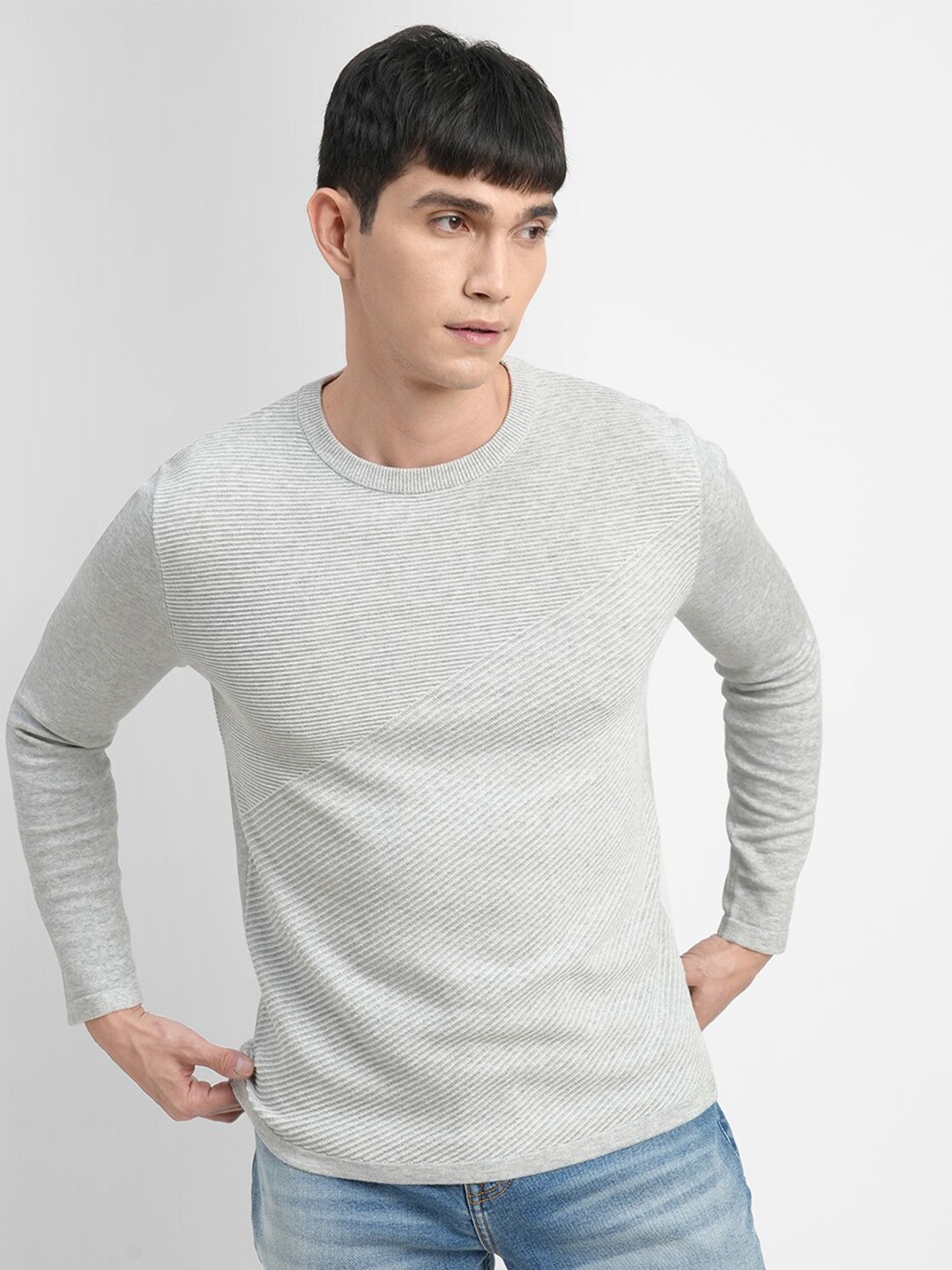 

Jack & Jones Men Grey Striped Striped Pullover