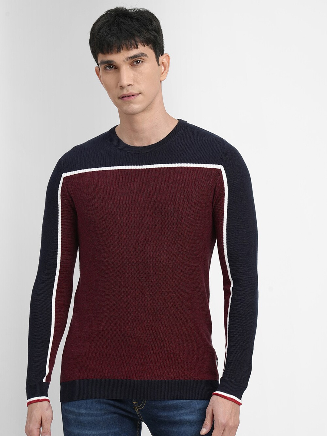 

Jack & Jones Men Maroon & Navy Blue Colourblocked Pullover