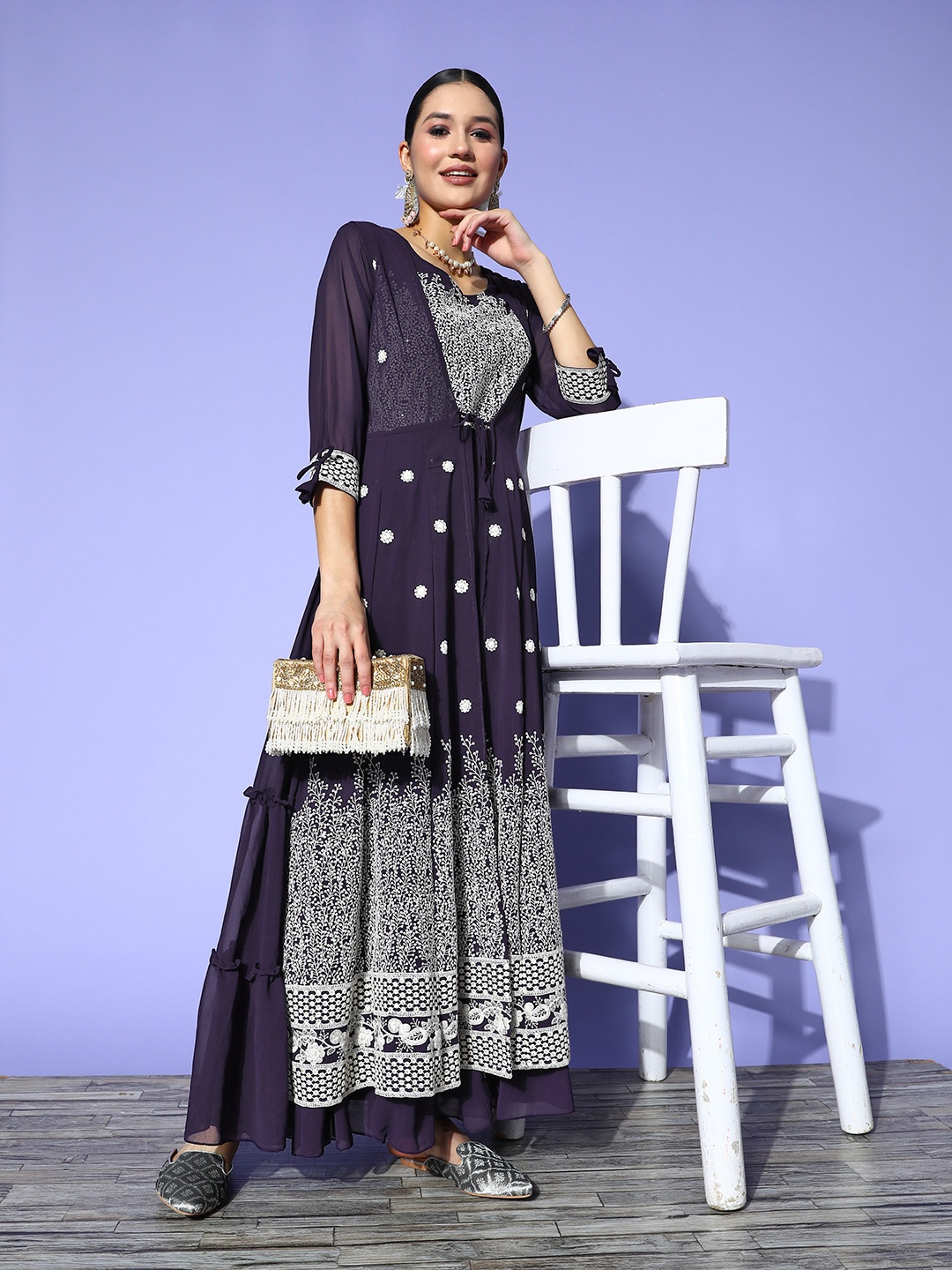 

Kvsfab Floral Embroidered Layered Georgette Ethnic Gown, Purple