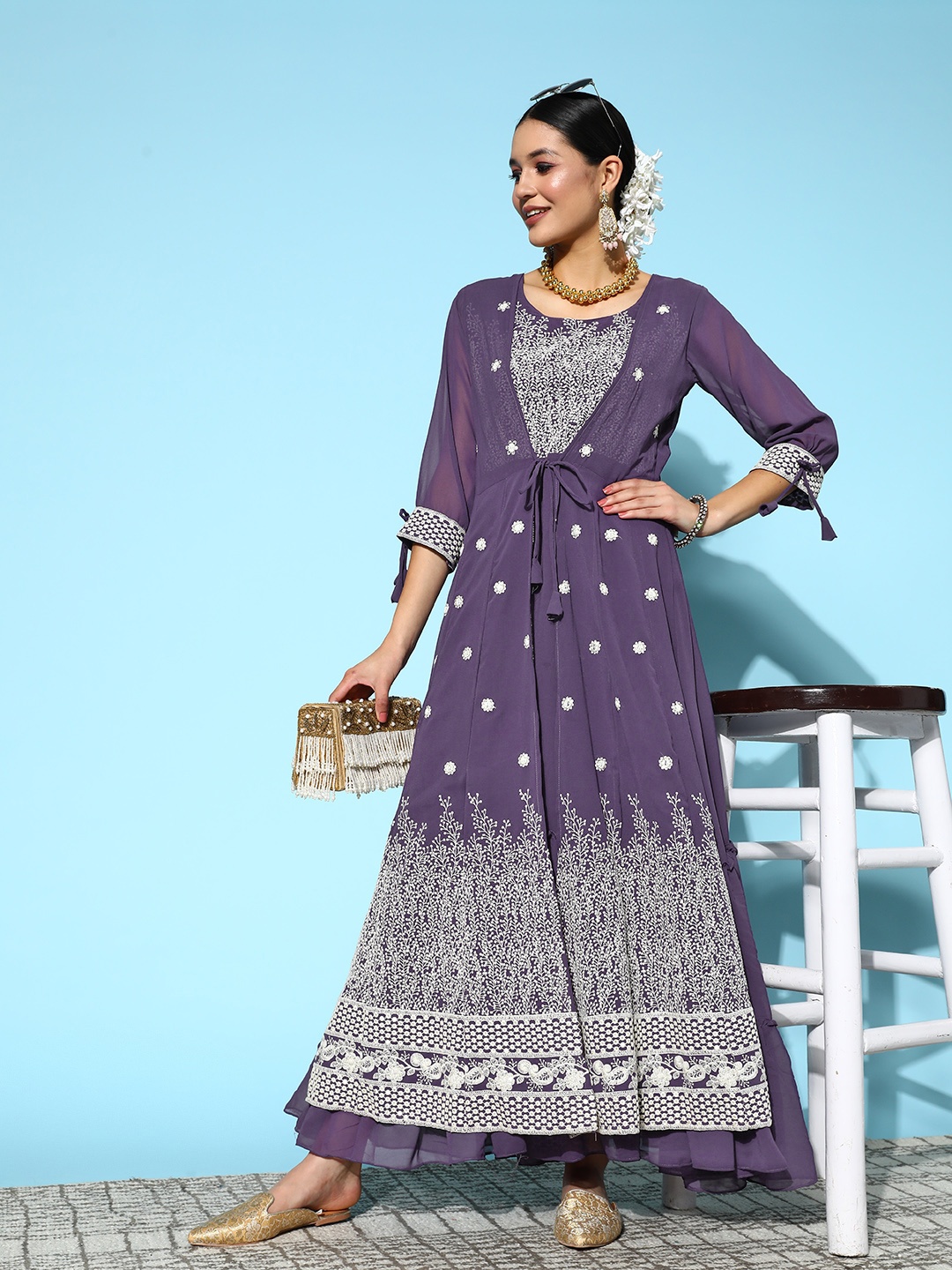 

Kvsfab Floral Embroidered Layered Georgette Ethnic Gown, Lavender