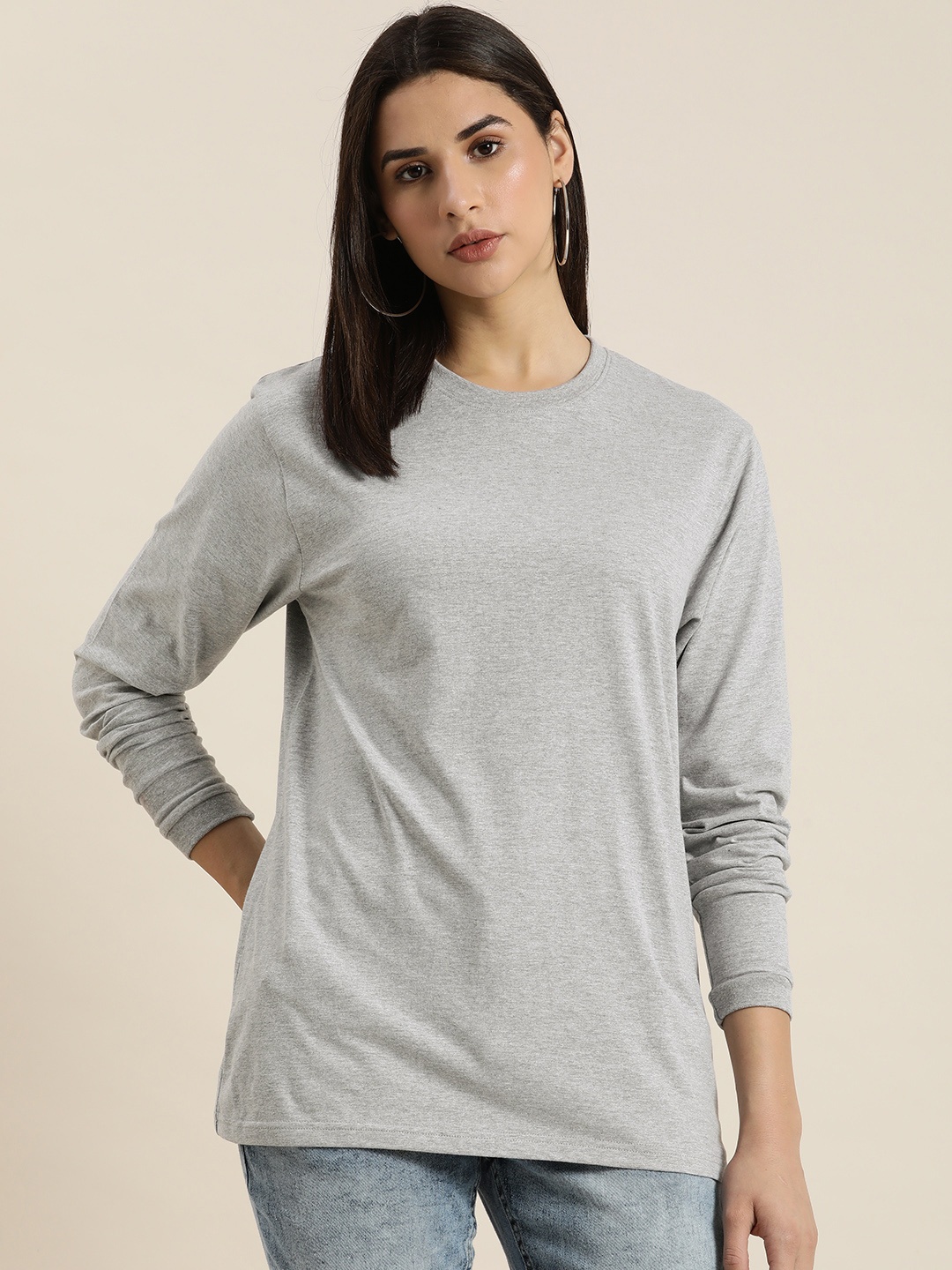

DILLINGER Women Grey Melange Solid Cotton Oversized T-shirt