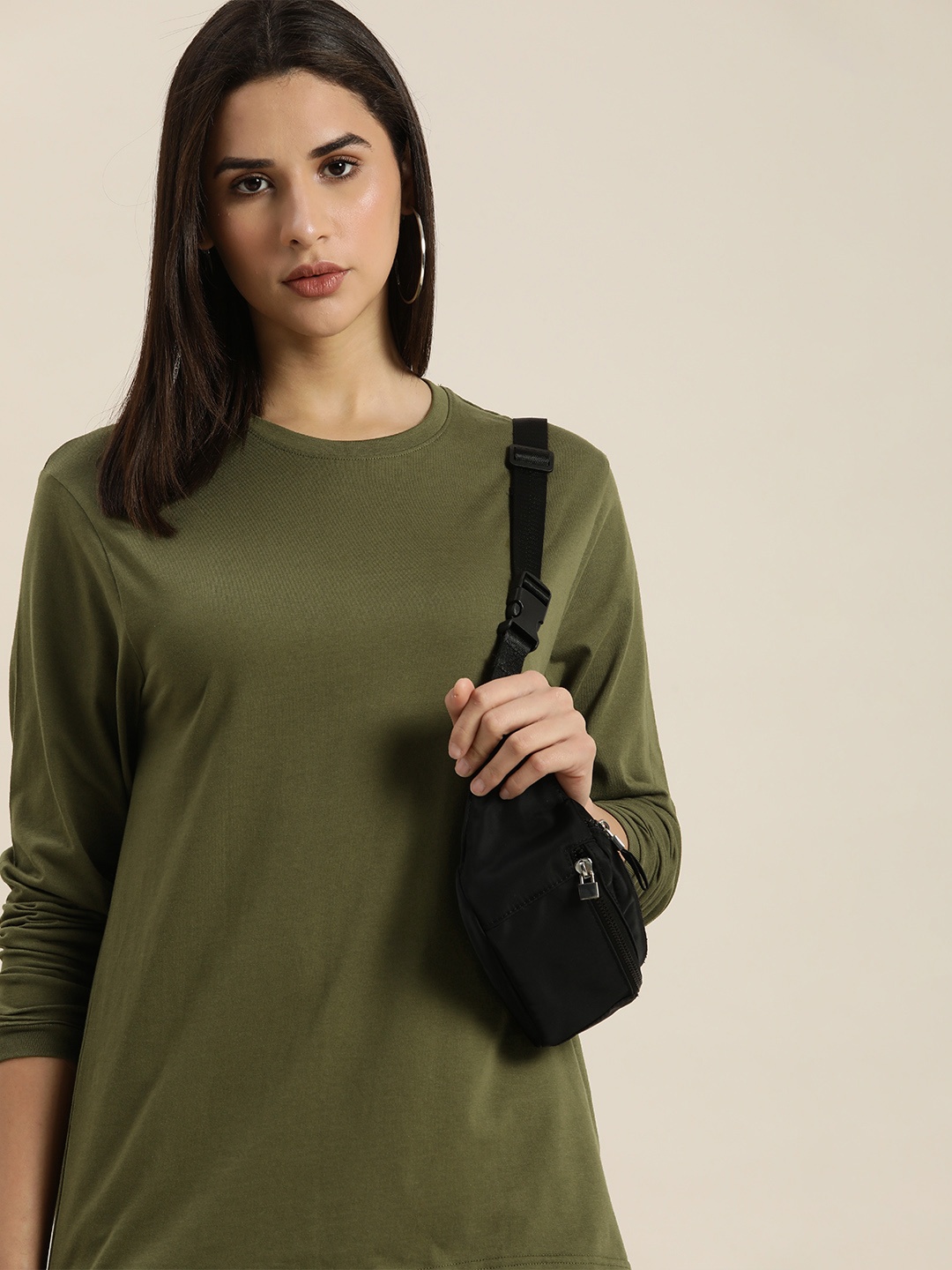 

DILLINGER Women Olive Green Solid Cotton Oversized T-shirt