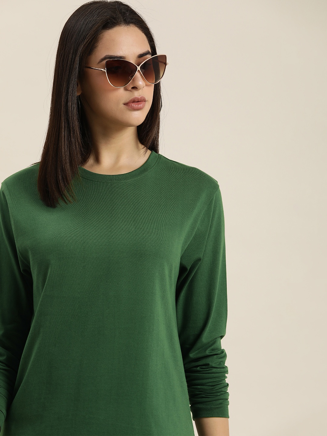

DILLINGER Women Green Solid Cotton Oversized T-shirt