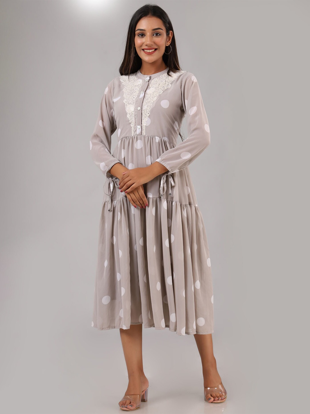 

FASHION DWAR Embellished Polka Dots Printed Fit and Flare Midi Dress, Beige
