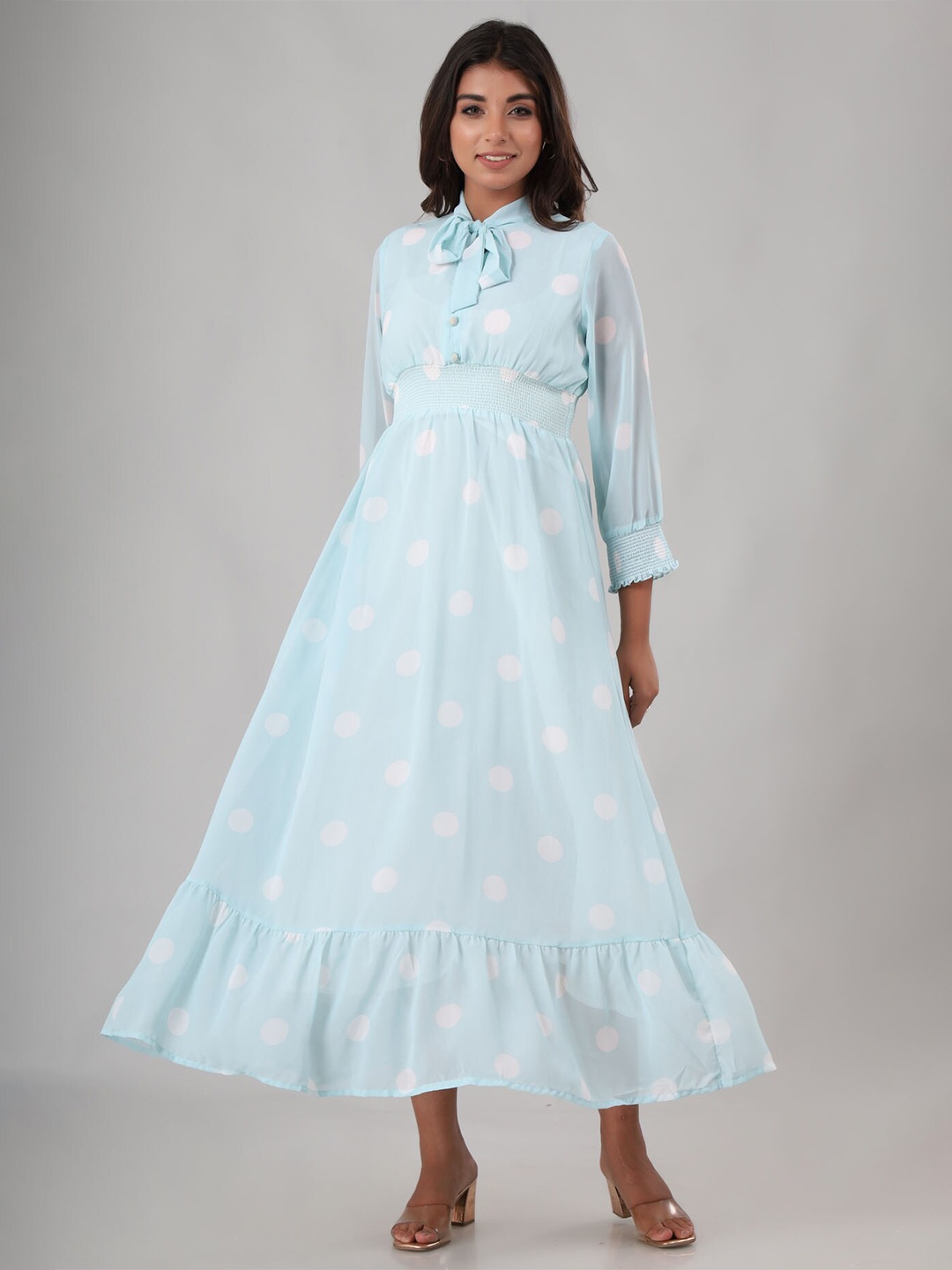 

FASHION DWAR Blue & White Ethnic Motifs Tie-Up Neck Midi Dress
