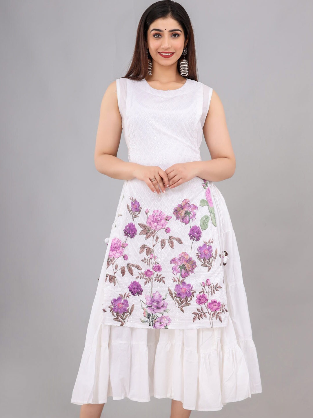 

FASHION DWAR White & Lavender Floral Midi Dress