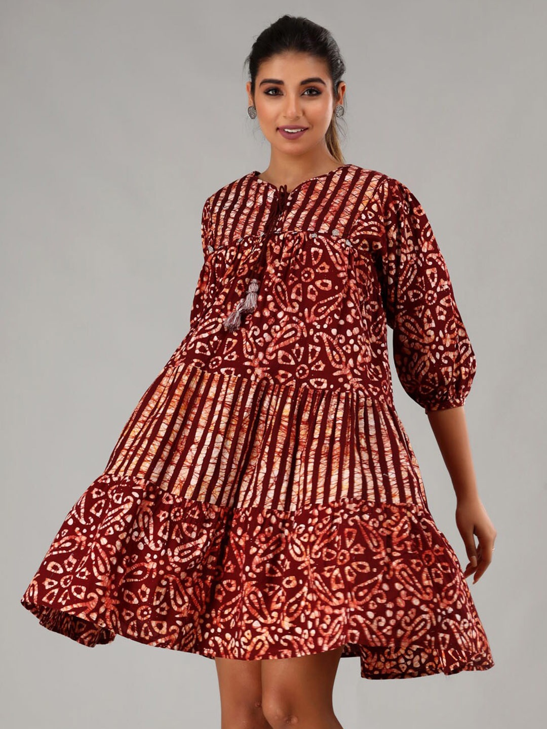 

FASHION DWAR Brown Ethnic Motifs Tie-Up Neck Dress